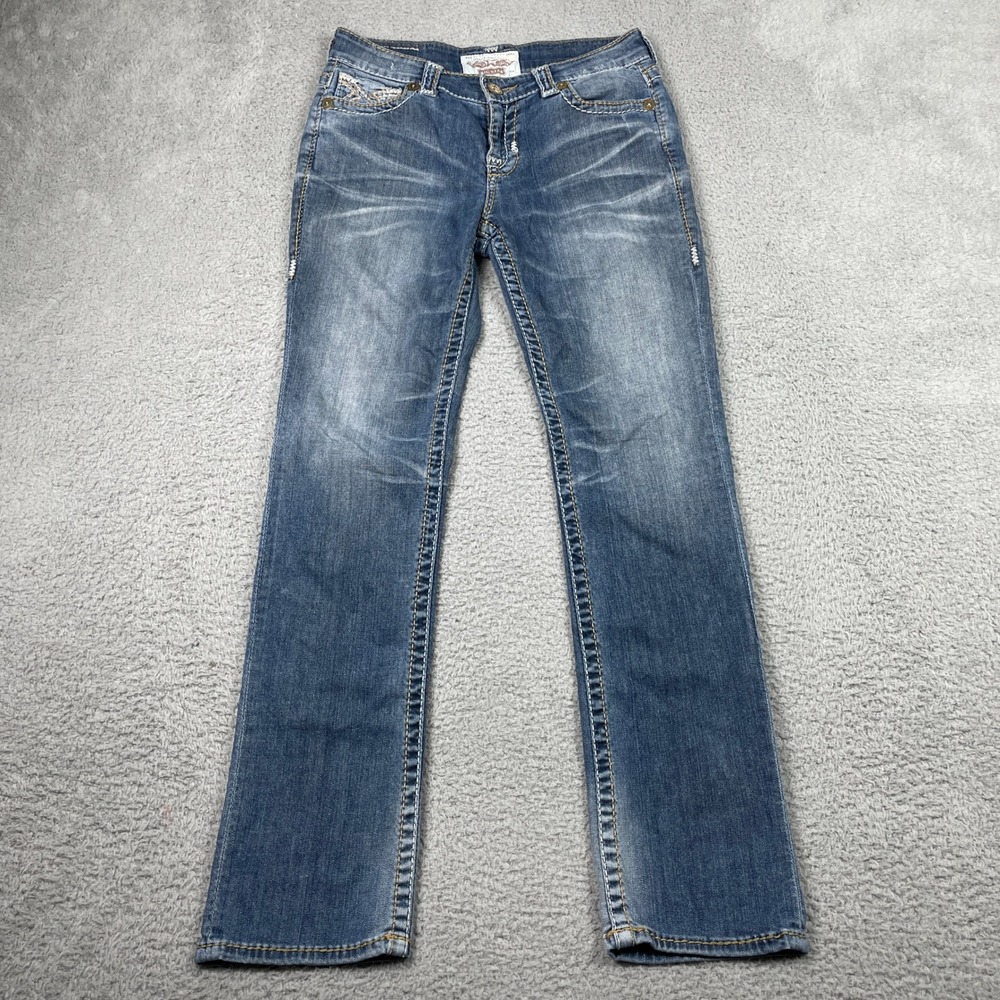 Big Star Nina Straight Leg Jeans Womens 28R Blue Studded Low Rise Flap‎ Pockets